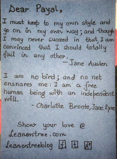 Leanontreeblog used Jane Austen's and Charlotte Bronte's famous quotes to invite reader.